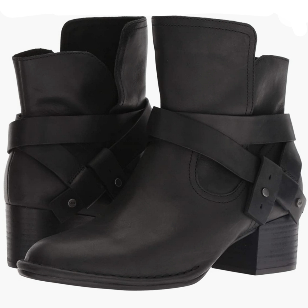 UGG Black Leather Ankle Boots with Strap Detail